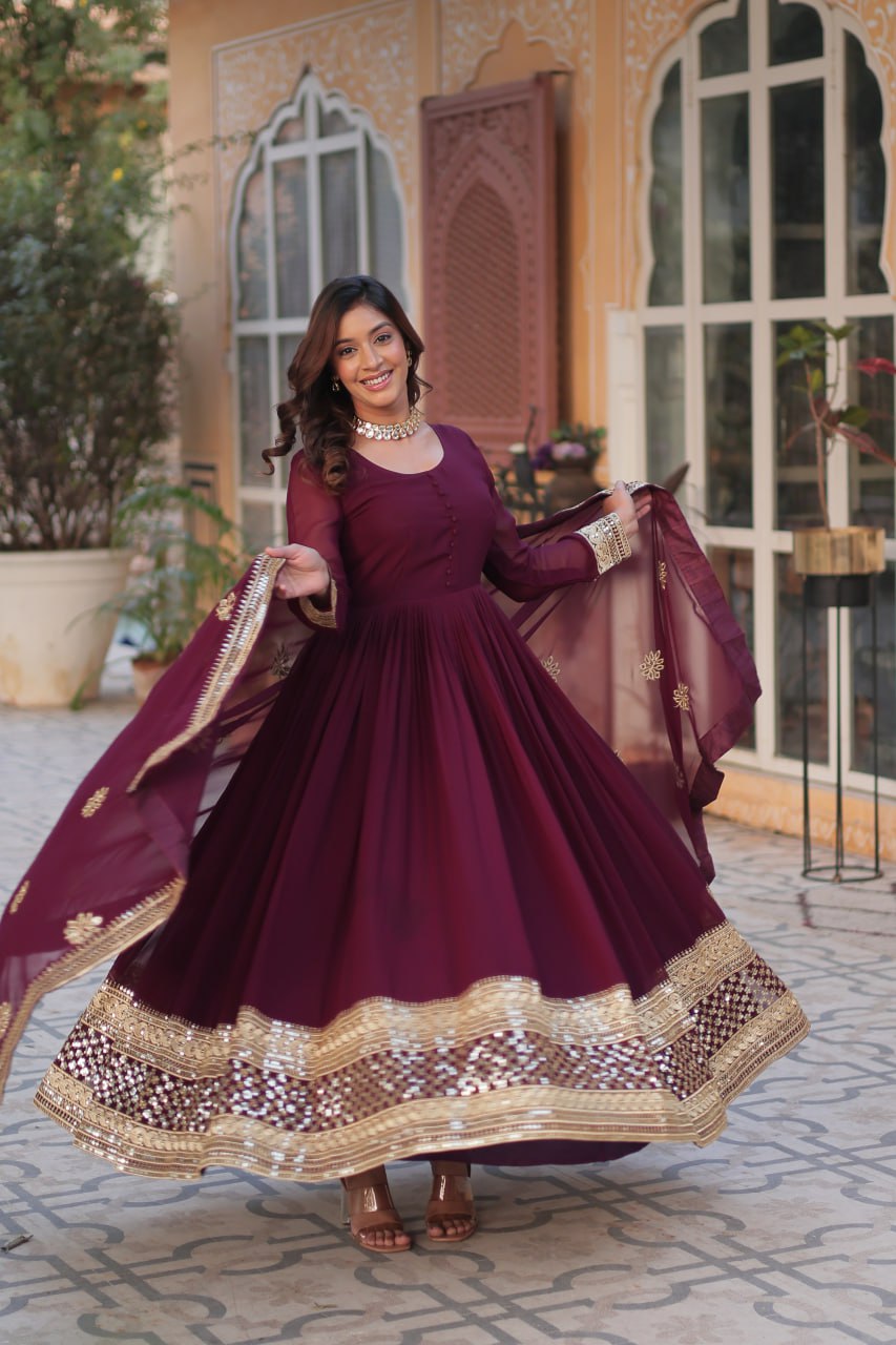 "Elegant Faux Blooming Embroidered Gown with Sequins & Designer Dupatta Set"