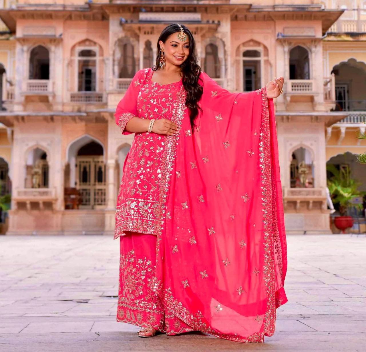 "Elegant Embroidered Georgette Ensemble: Top, Plazzo & Dupatta Set"