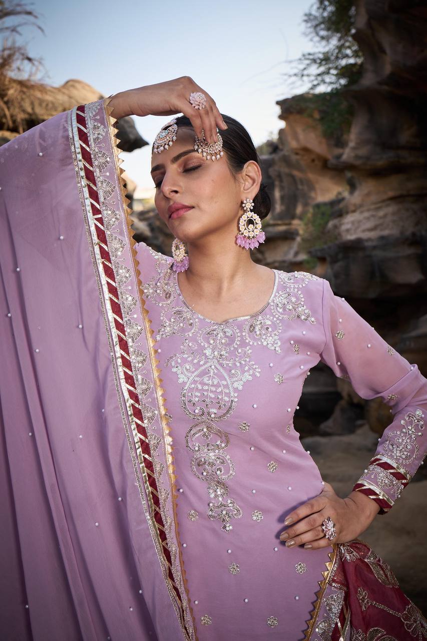 "Elegant Foux Gorgette Sharara Set with Intricate Thread and Sequence Work"