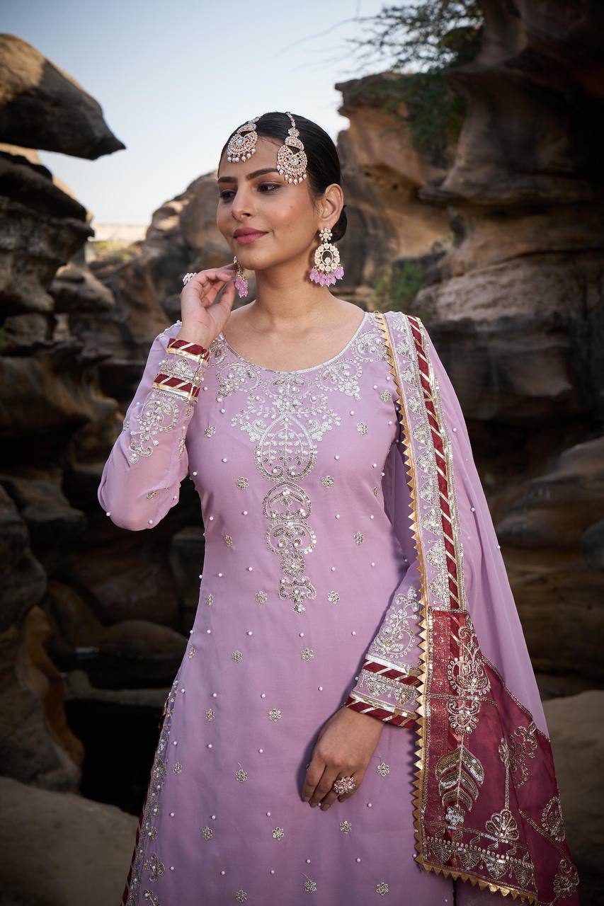 "Elegant Foux Gorgette Sharara Set with Intricate Thread and Sequence Work"