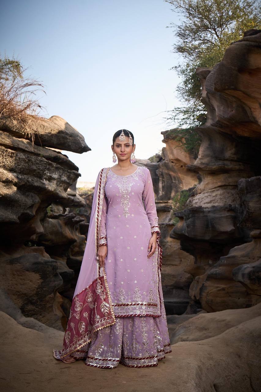 "Elegant Foux Gorgette Sharara Set with Intricate Thread and Sequence Work"