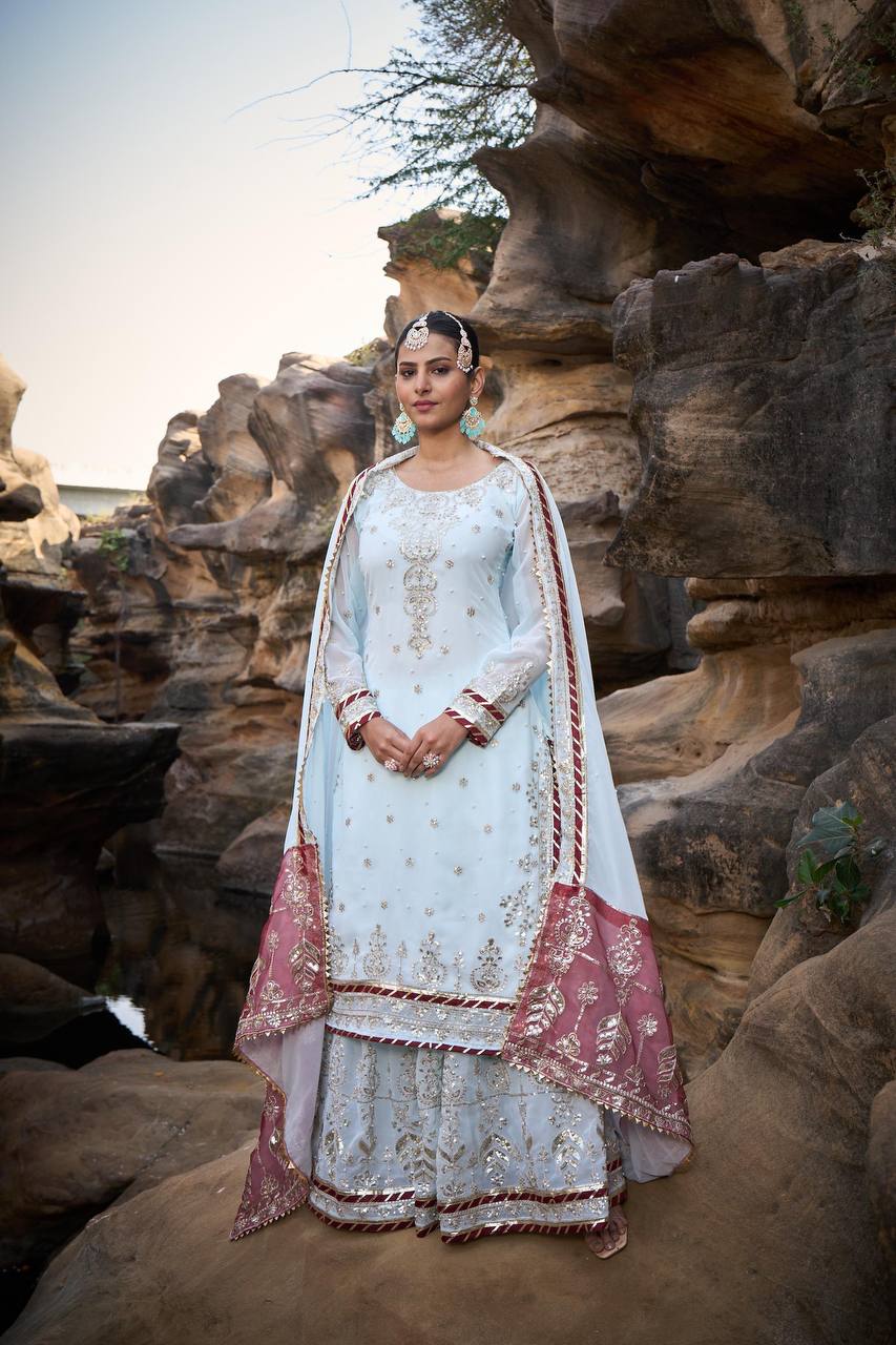 "Elegant Foux Gorgette Sharara Set with Intricate Thread and Sequence Work"