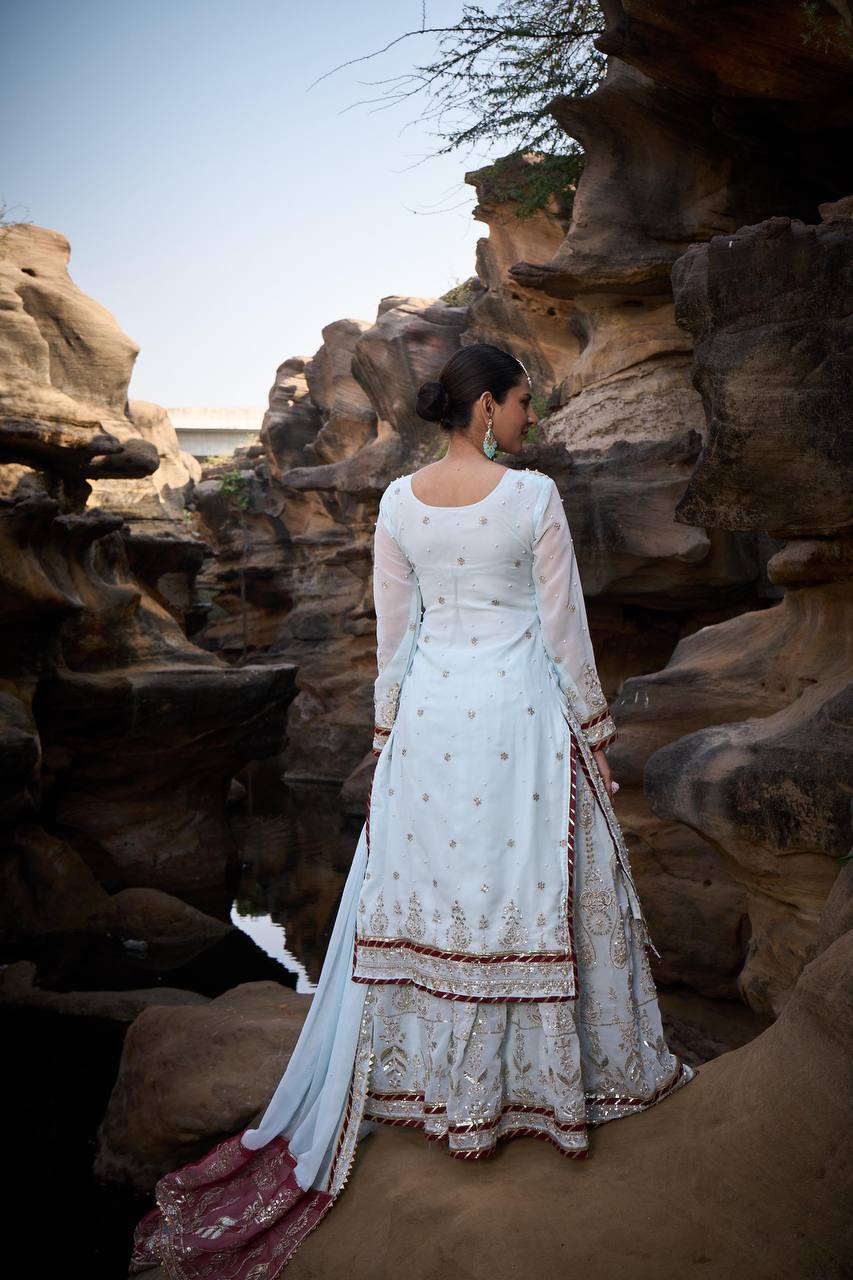 "Elegant Foux Gorgette Sharara Set with Intricate Thread and Sequence Work"