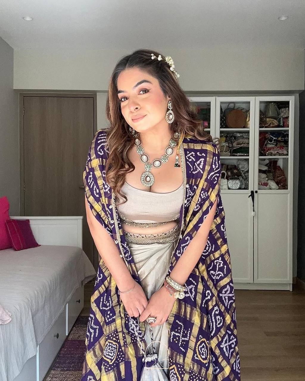 "Elegant Chinon Koti with Star Georgette Dhotis & Embroidered Blouse – Complete Set with Lace & Sequence Detailing"