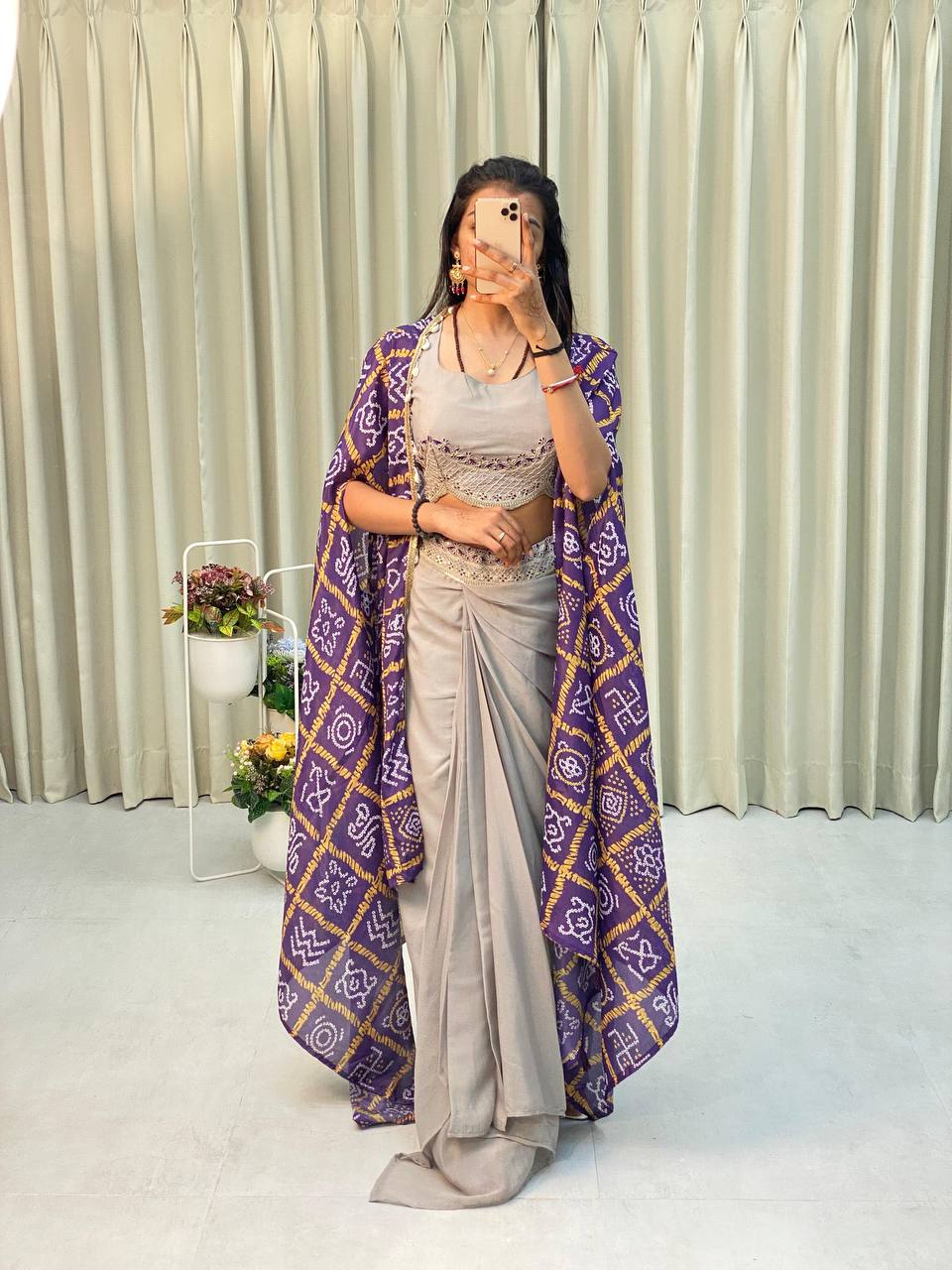 "Elegant Chinon Koti with Star Georgette Dhotis & Embroidered Blouse – Complete Set with Lace & Sequence Detailing"