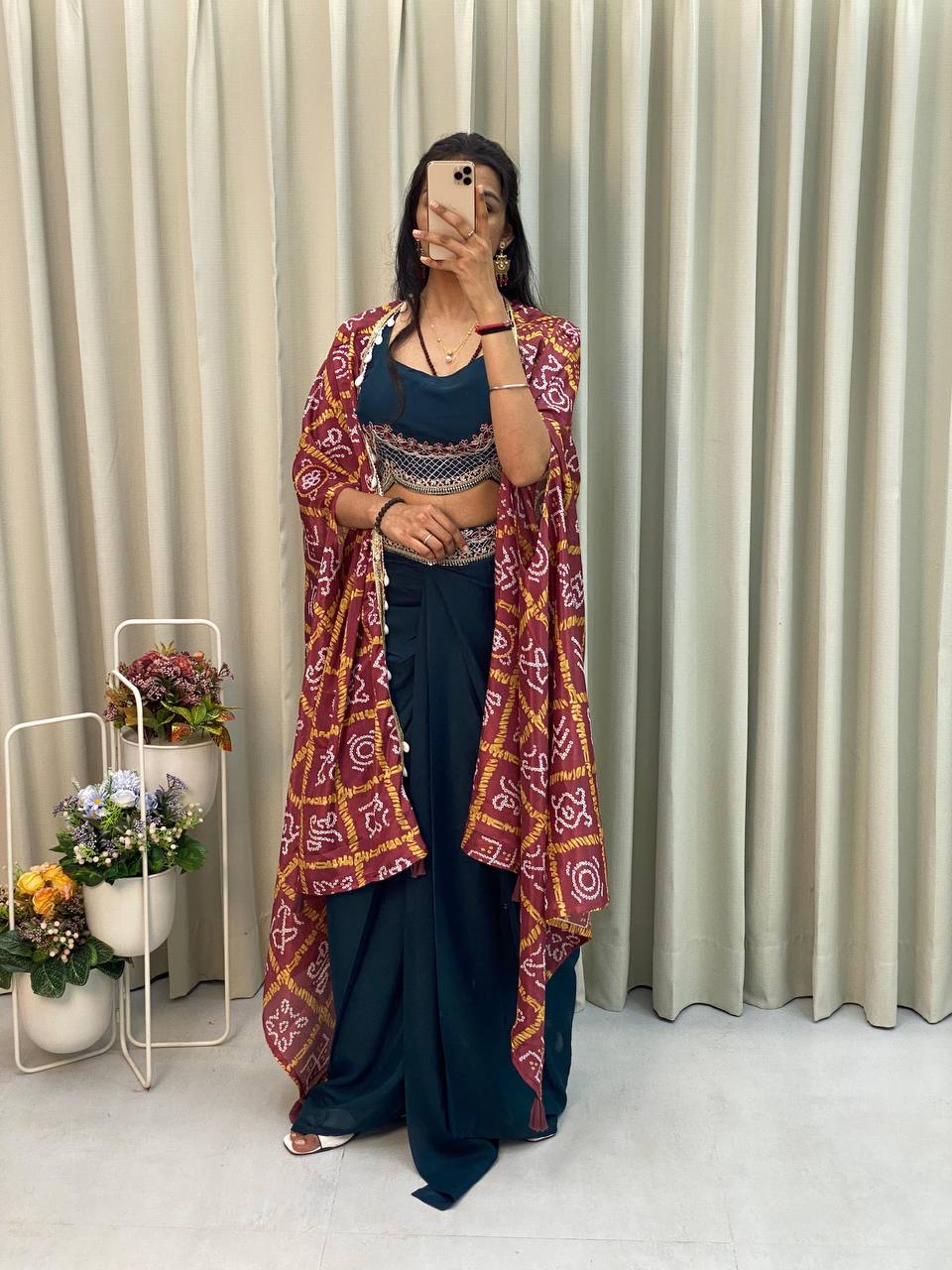 "Elegant Chinon Koti with Star Georgette Dhotis & Embroidered Blouse – Complete Set with Lace & Sequence Detailing"