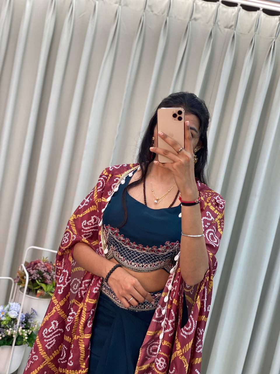 "Elegant Chinon Koti with Star Georgette Dhotis & Embroidered Blouse – Complete Set with Lace & Sequence Detailing"