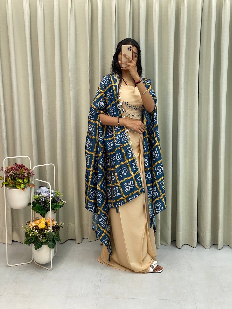 "Elegant Chinon Koti with Star Georgette Dhotis & Embroidered Blouse – Complete Set with Lace & Sequence Detailing"