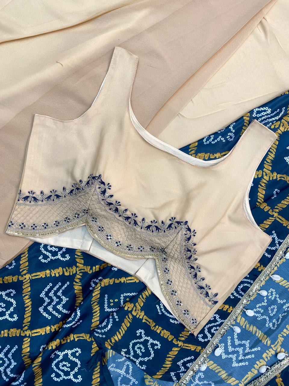 "Elegant Chinon Koti with Star Georgette Dhotis & Embroidered Blouse – Complete Set with Lace & Sequence Detailing"