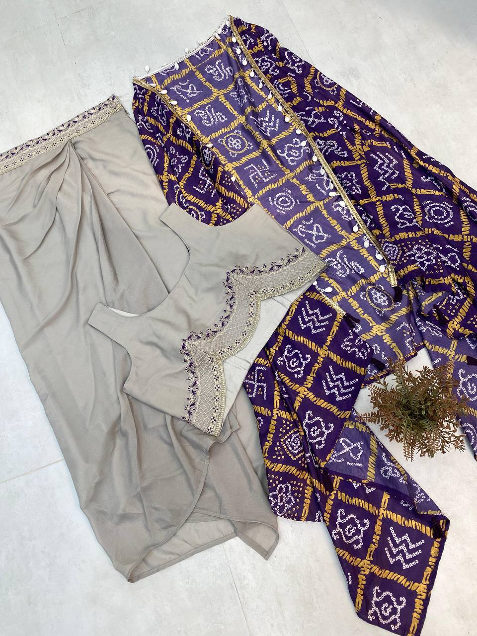 "Elegant Chinon Koti with Star Georgette Dhotis & Embroidered Blouse – Complete Set with Lace & Sequence Detailing"