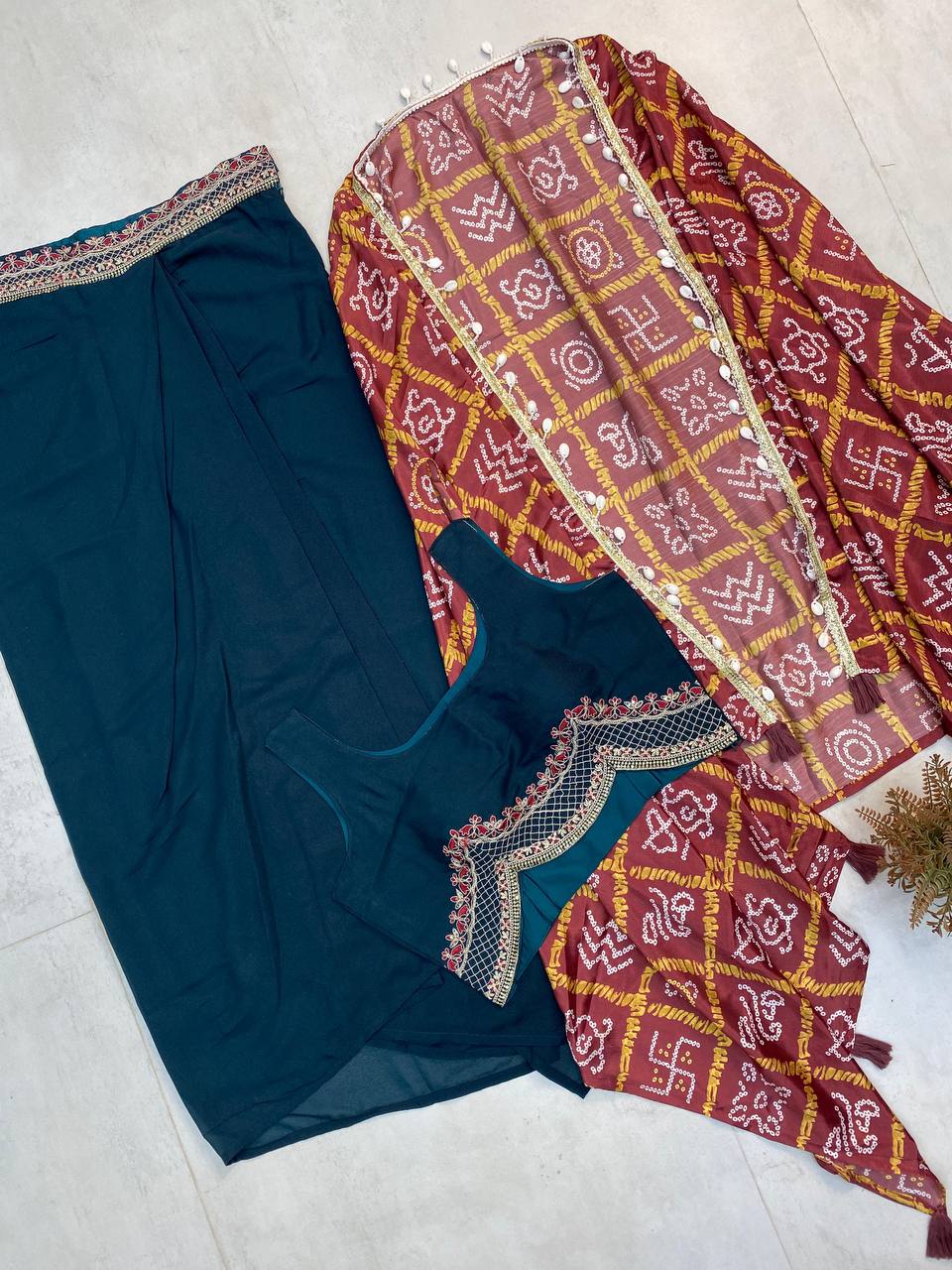 "Elegant Chinon Koti with Star Georgette Dhotis & Embroidered Blouse – Complete Set with Lace & Sequence Detailing"