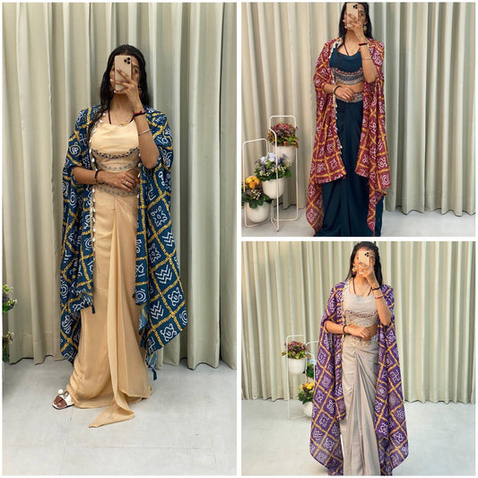 "Elegant Chinon Koti with Star Georgette Dhotis & Embroidered Blouse – Complete Set with Lace & Sequence Detailing"