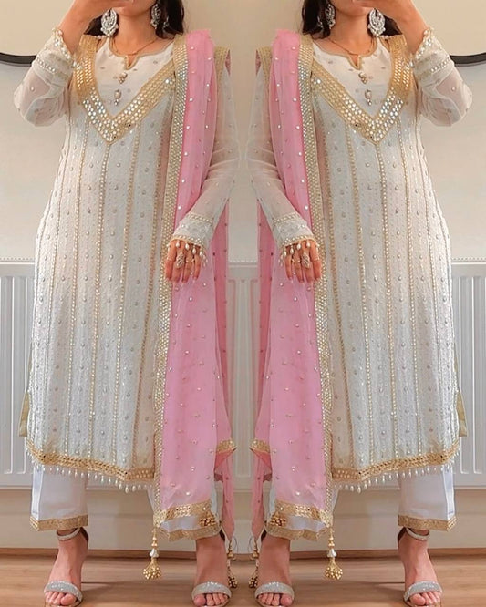 "Elegant Heavy Faux Georgette Embroidered Suit Set with Full Sleeves, Sequence Work, and Latkan Dupatta"