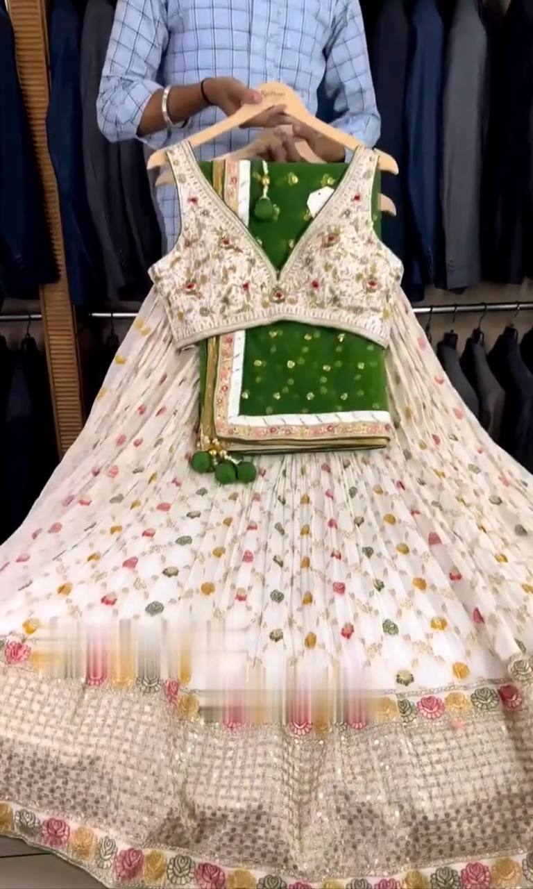 "Elegant Fox Georgette Lehenga Set with Siqwans Embroidery & Fancy Latkan Dori"