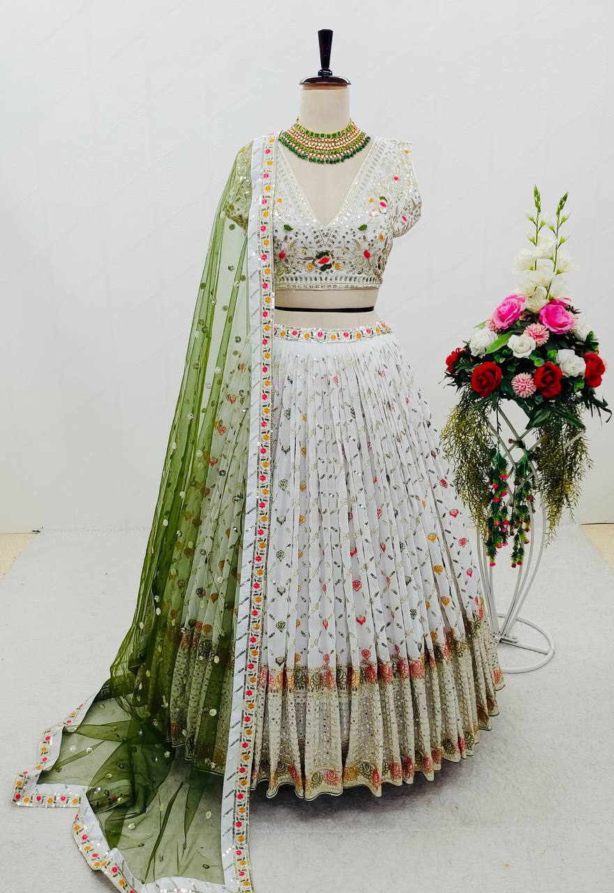 "Elegant Fox Georgette Lehenga Set with Siqwans Embroidery & Fancy Latkan Dori"