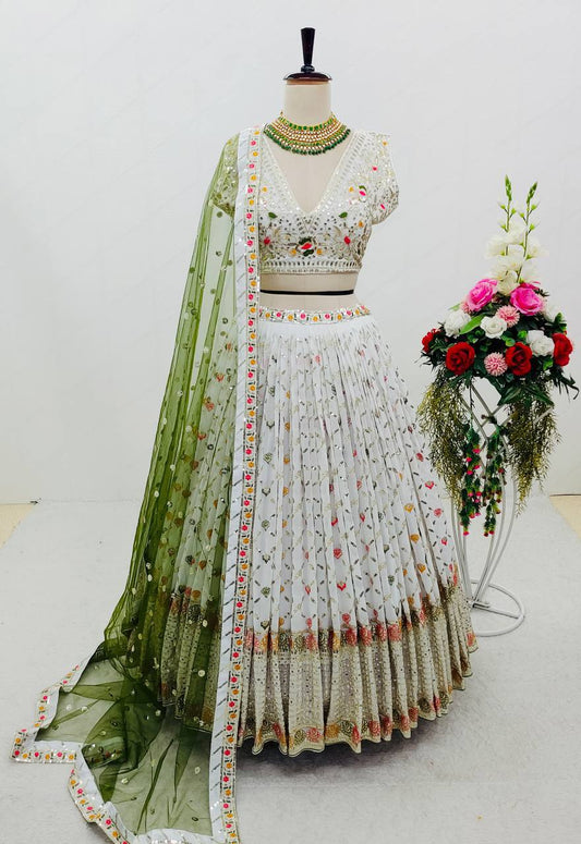 "Elegant Fox Georgette Lehenga Set with Siqwans Embroidery & Fancy Latkan Dori"