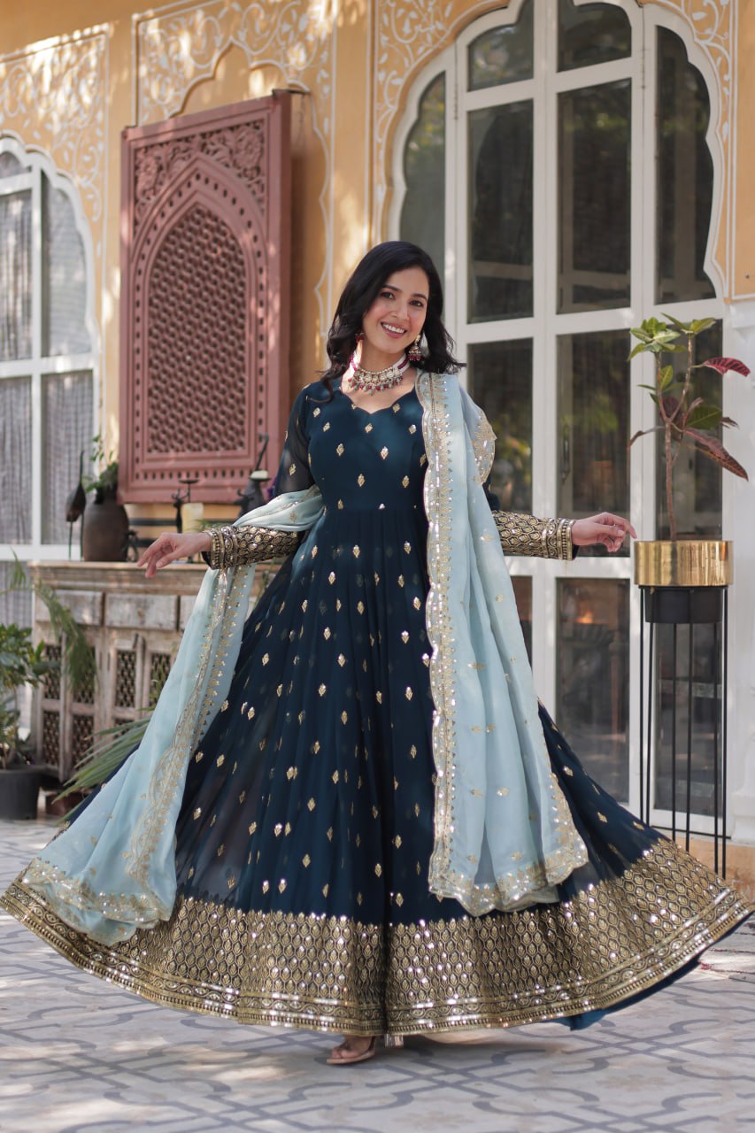 “Elegant Faux Blooming Embroidered Gown with Tabby Silk Dupatta”