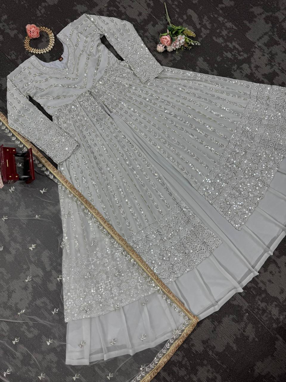 "Elegant Foux Gorgette Lehenga Choli Set with Sequenced Detailing"