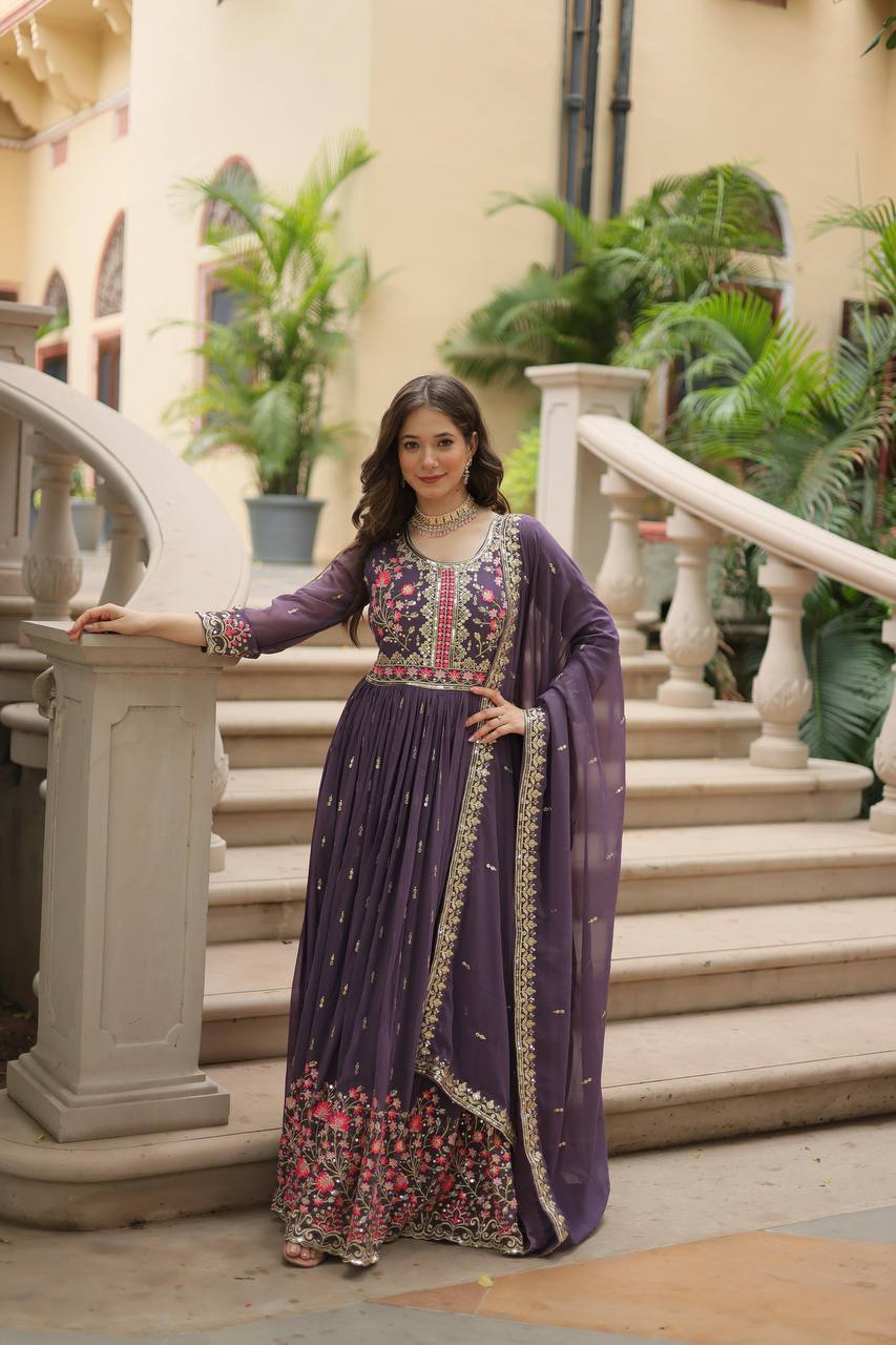 "Elegant Faux Georgette Kurti, Sharara, and Dupatta Set with Sequins Embroidery"