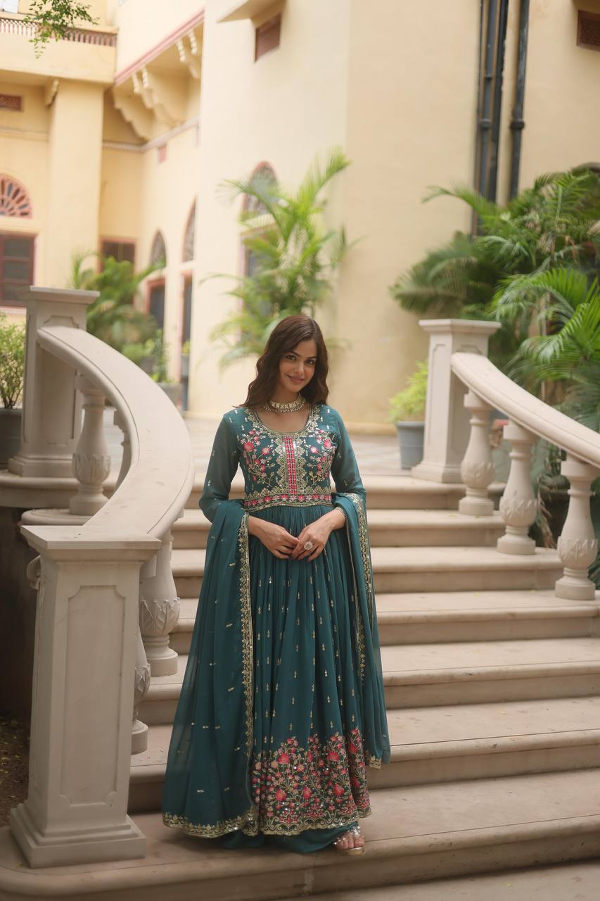 "Elegant Faux Georgette Kurti, Sharara, and Dupatta Set with Sequins Embroidery"