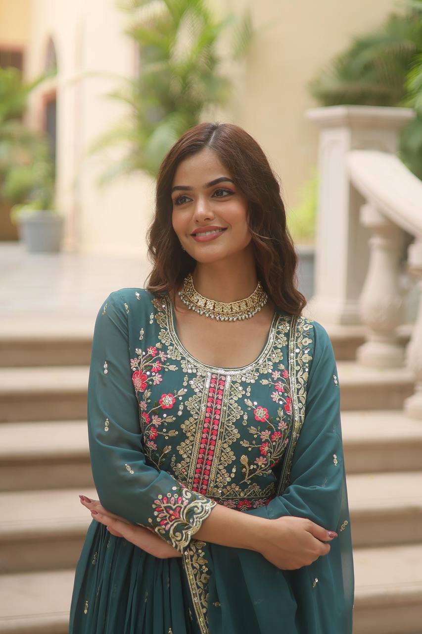 "Elegant Faux Georgette Kurti, Sharara, and Dupatta Set with Sequins Embroidery"