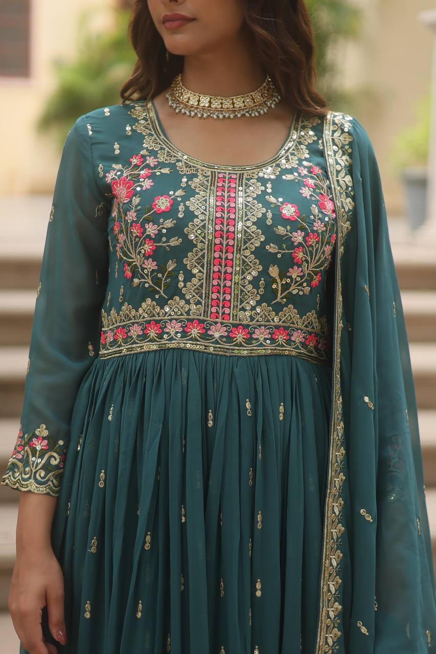 "Elegant Faux Georgette Kurti, Sharara, and Dupatta Set with Sequins Embroidery"