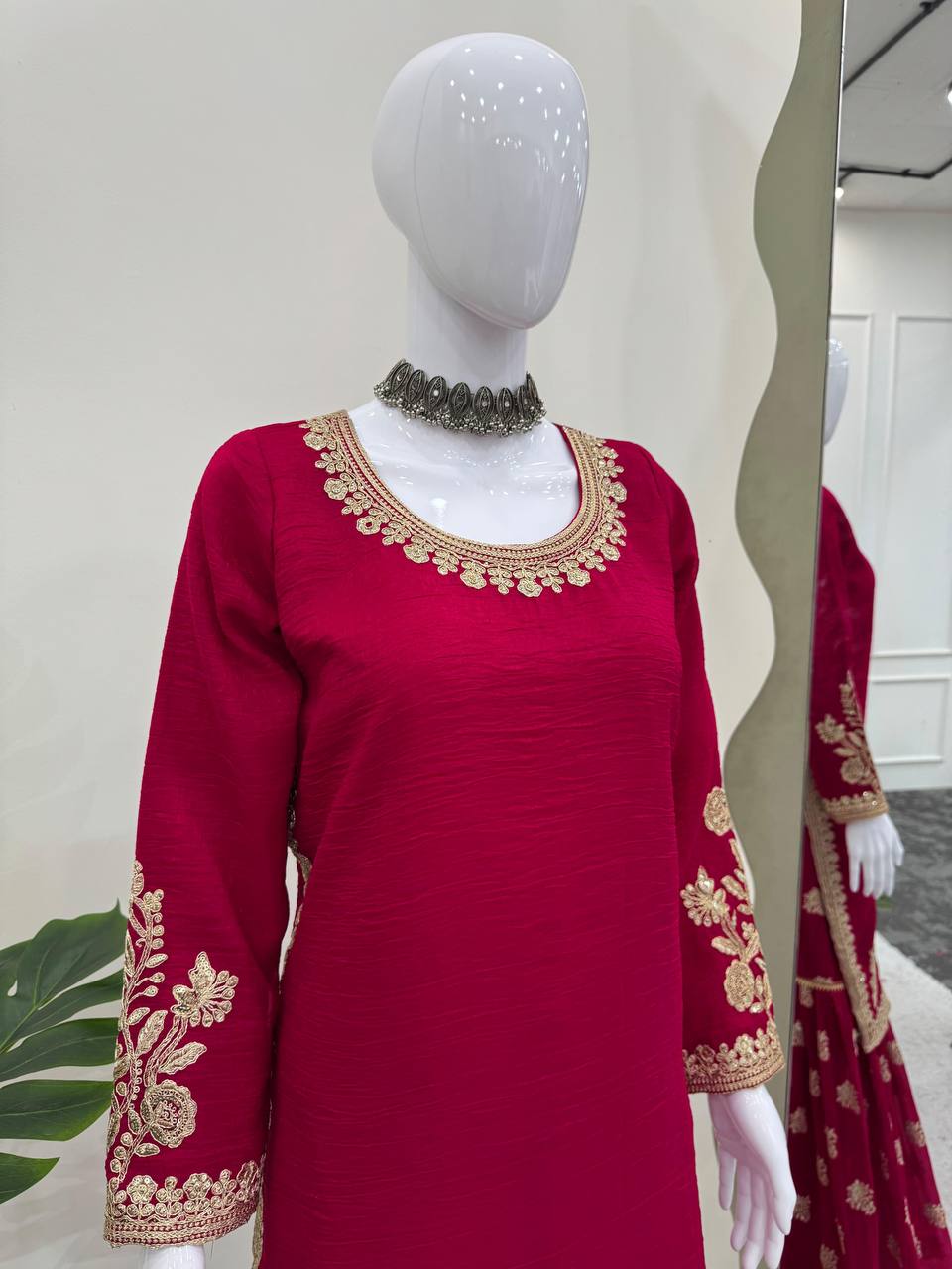 "Elegant Crunch Silk Ensemble with Coding Dori and Sequins"
