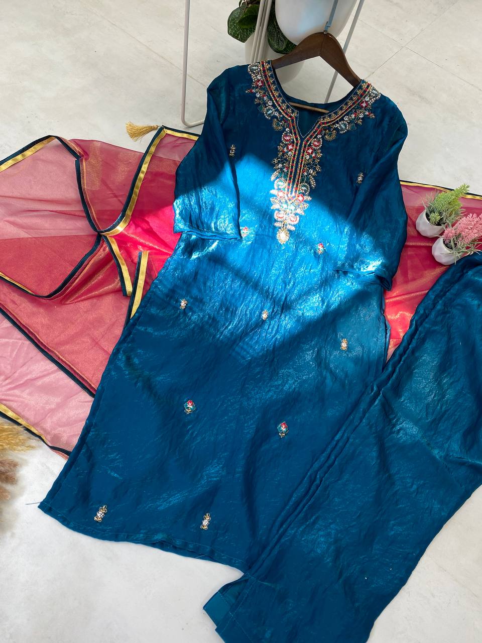 "Elegant Fendi Silk Ensemble with Handwork and Lace Detailing"