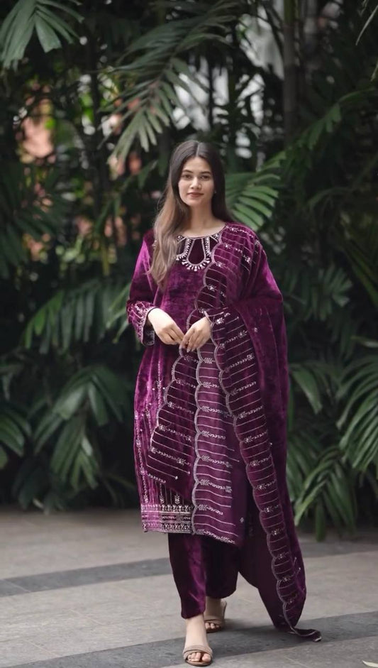 "Elegant Embroidered Viscose Velvet Ensemble"