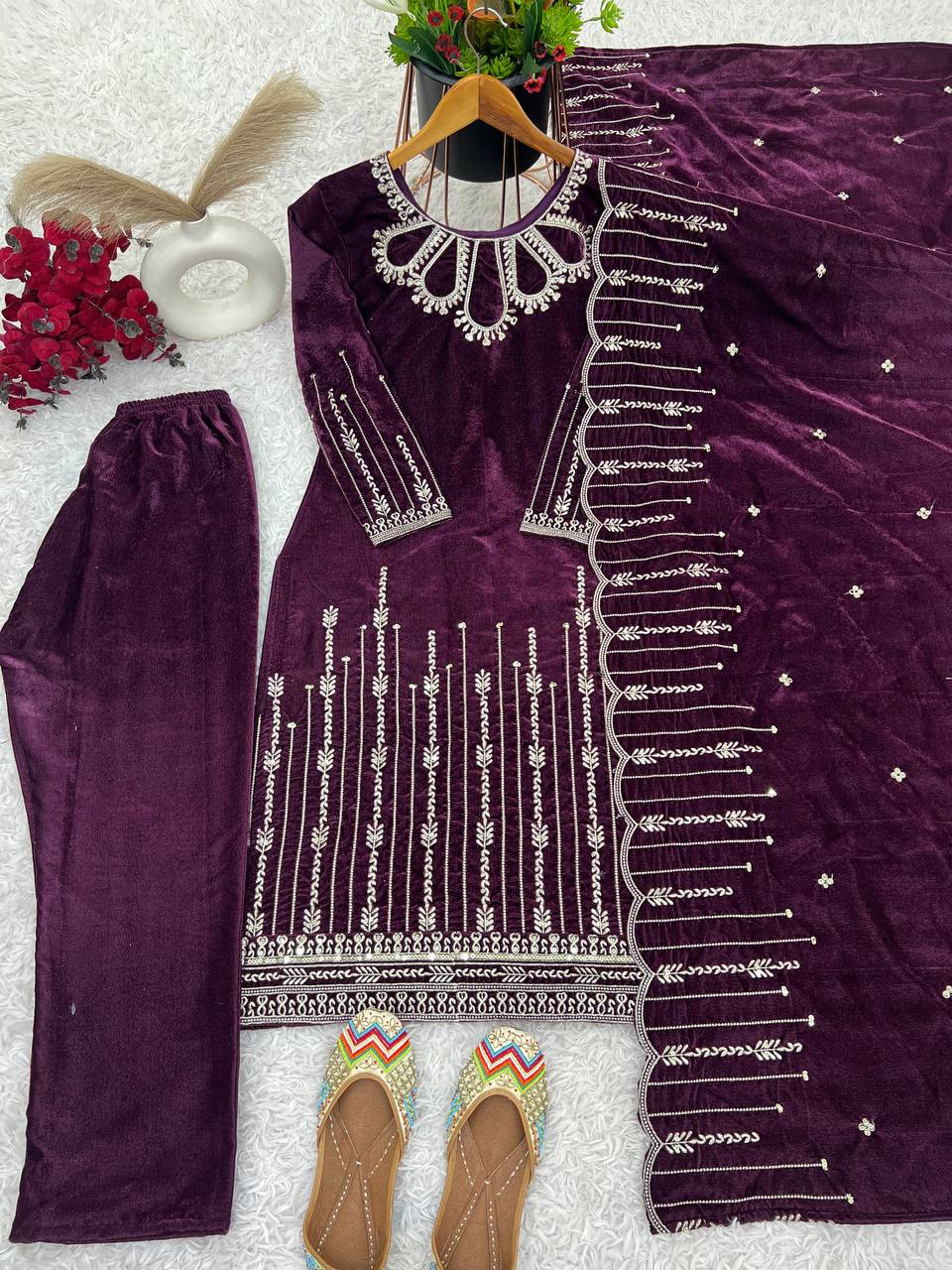 "Elegant Embroidered Viscose Velvet Ensemble"