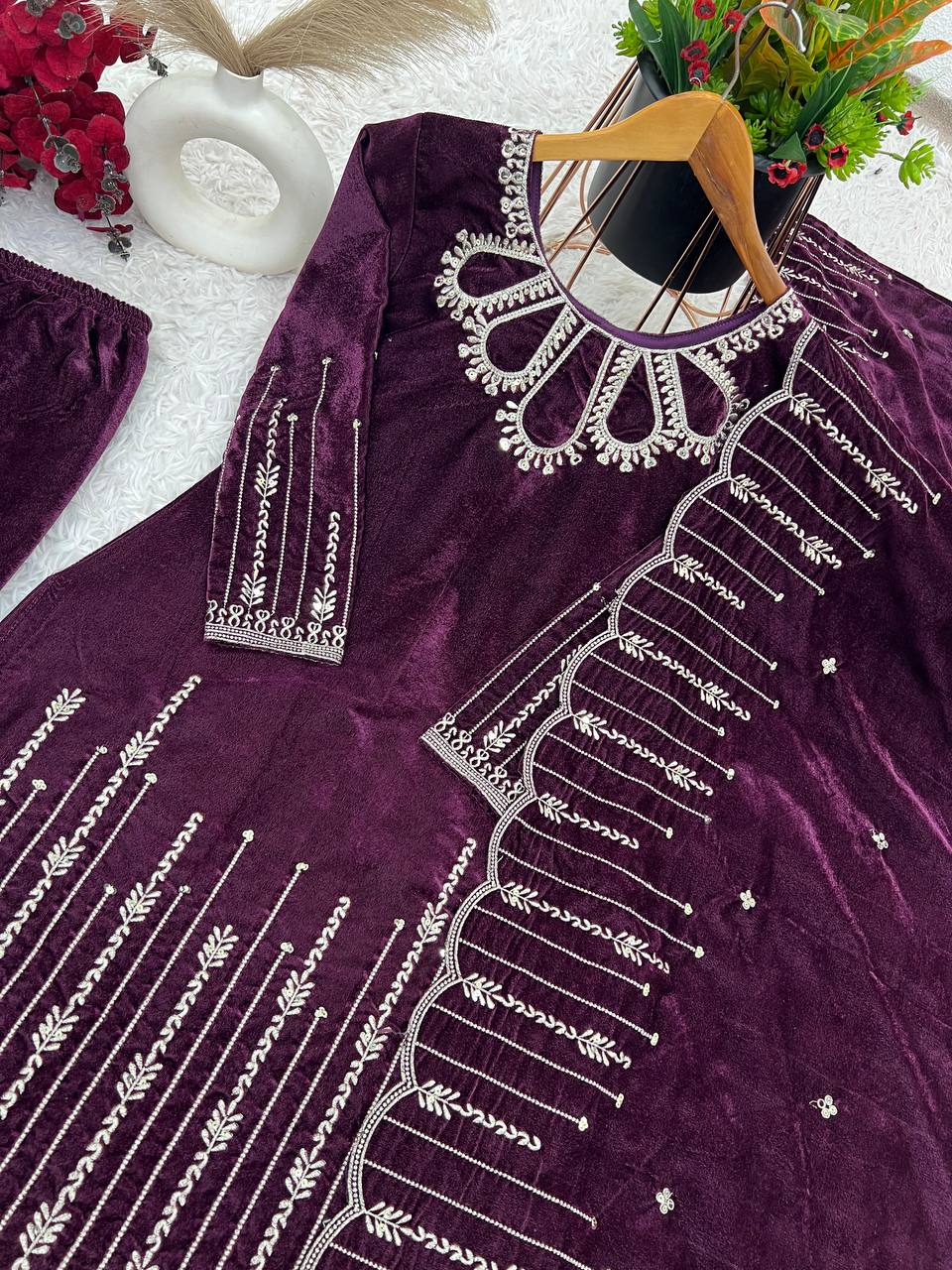 "Elegant Embroidered Viscose Velvet Ensemble"