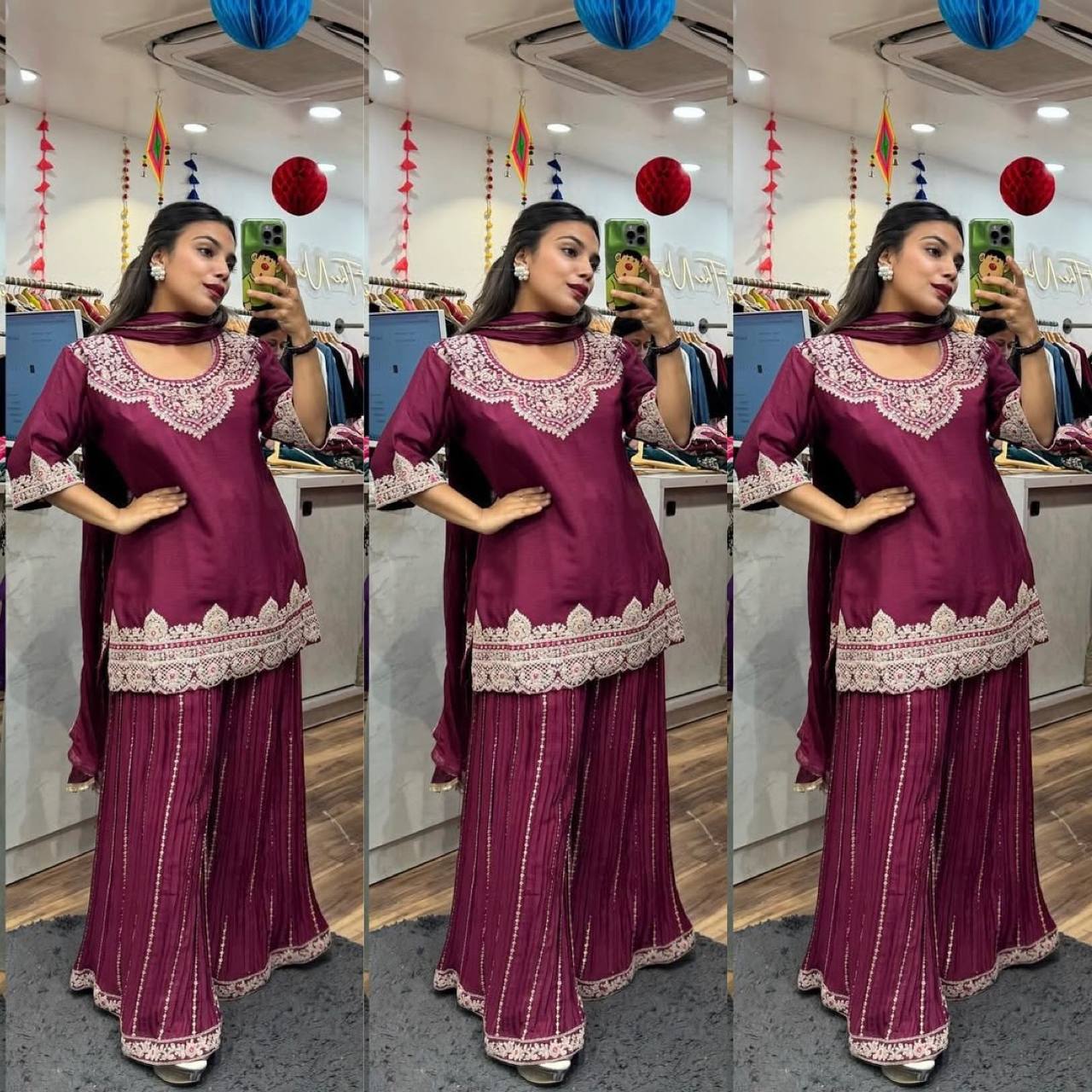 "Elegant Pure Chinnon Silk Sharara Set with Heavy Embroidery & Sequins"