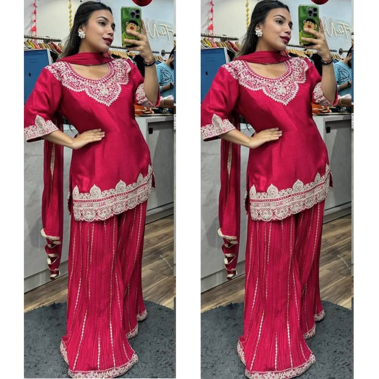 "Elegant Pure Chinnon Silk Sharara Set with Heavy Embroidery & Sequins"