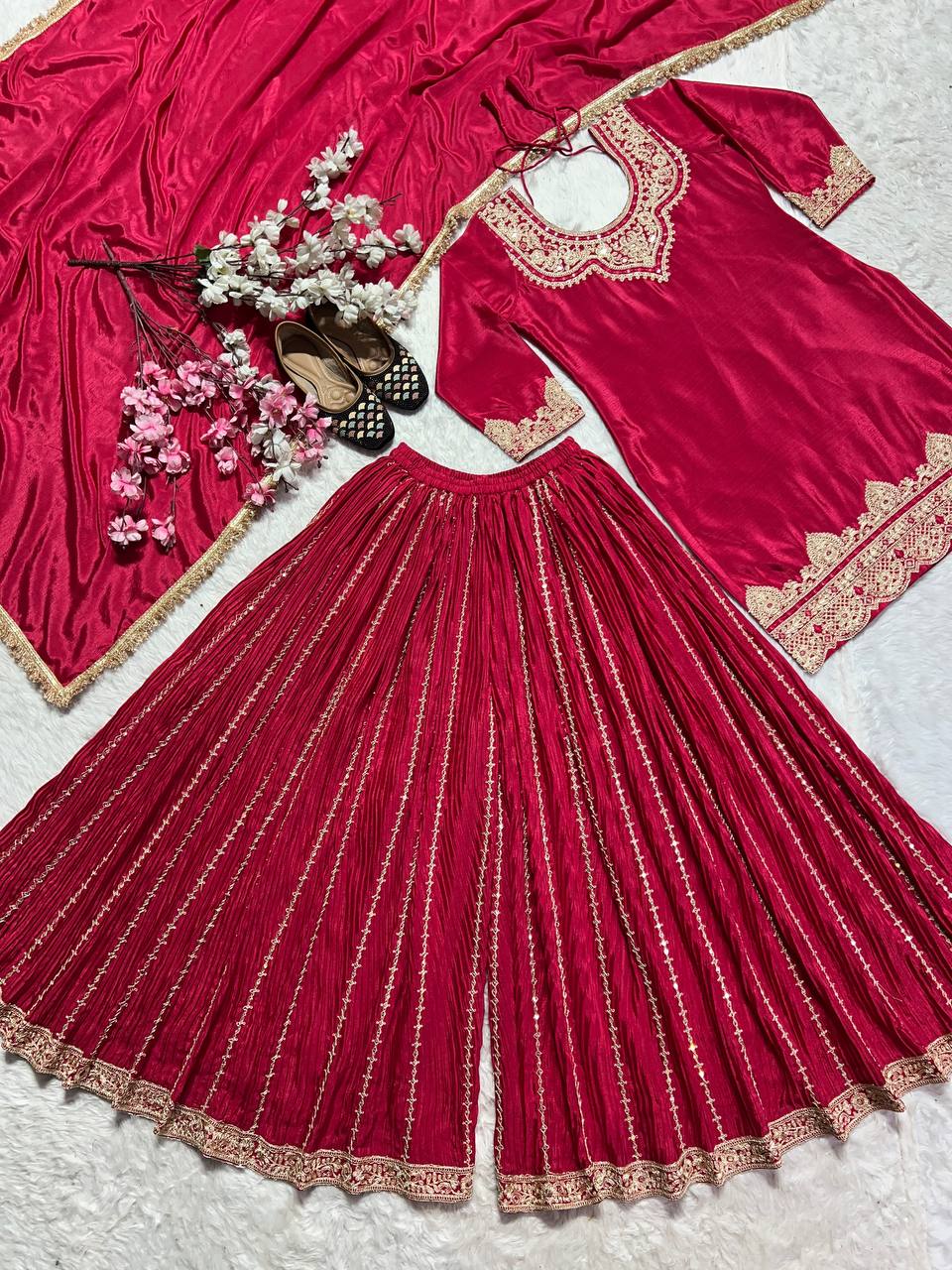 "Elegant Pure Chinnon Silk Sharara Set with Heavy Embroidery & Sequins"