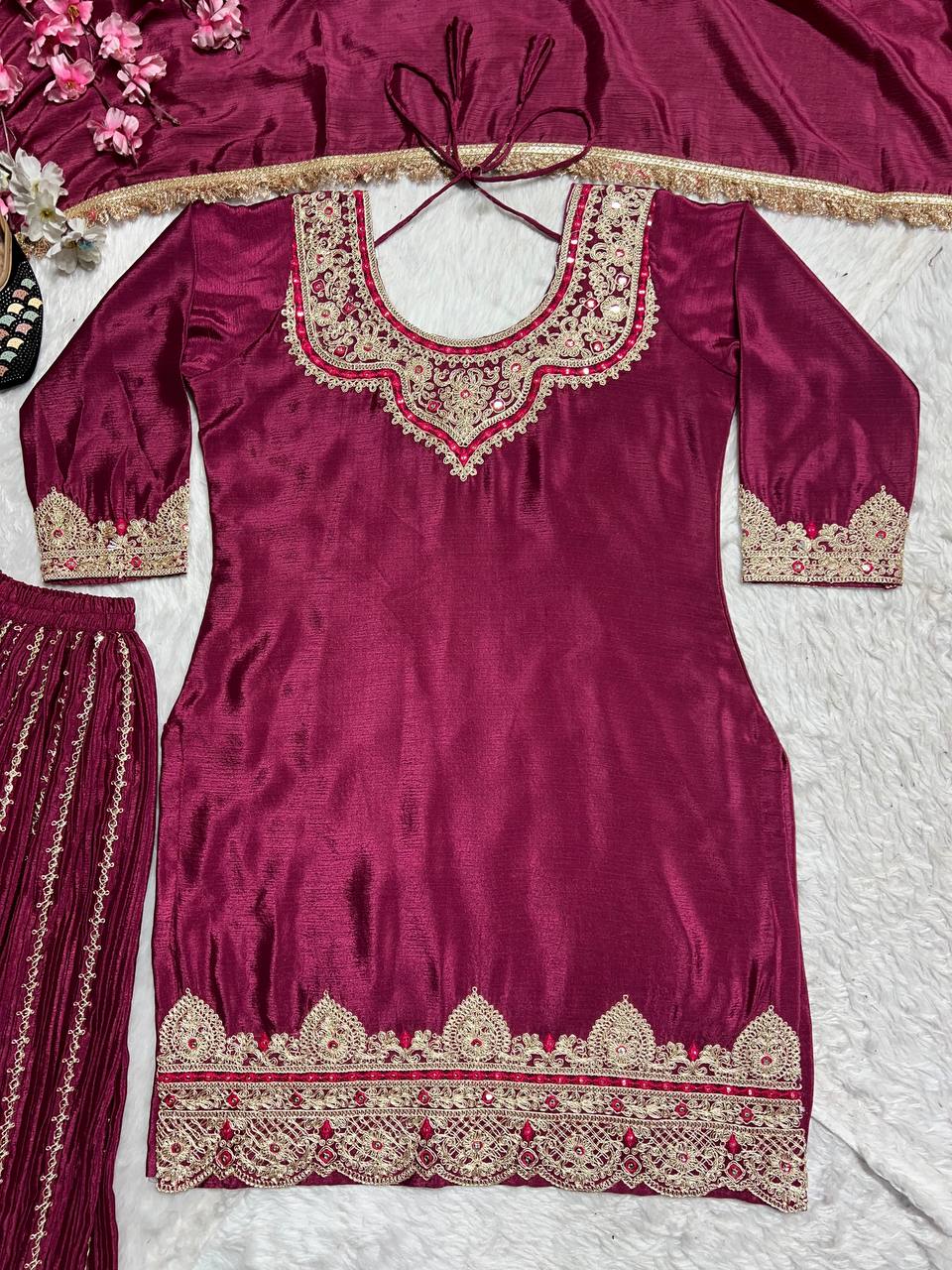 "Elegant Pure Chinnon Silk Sharara Set with Heavy Embroidery & Sequins"