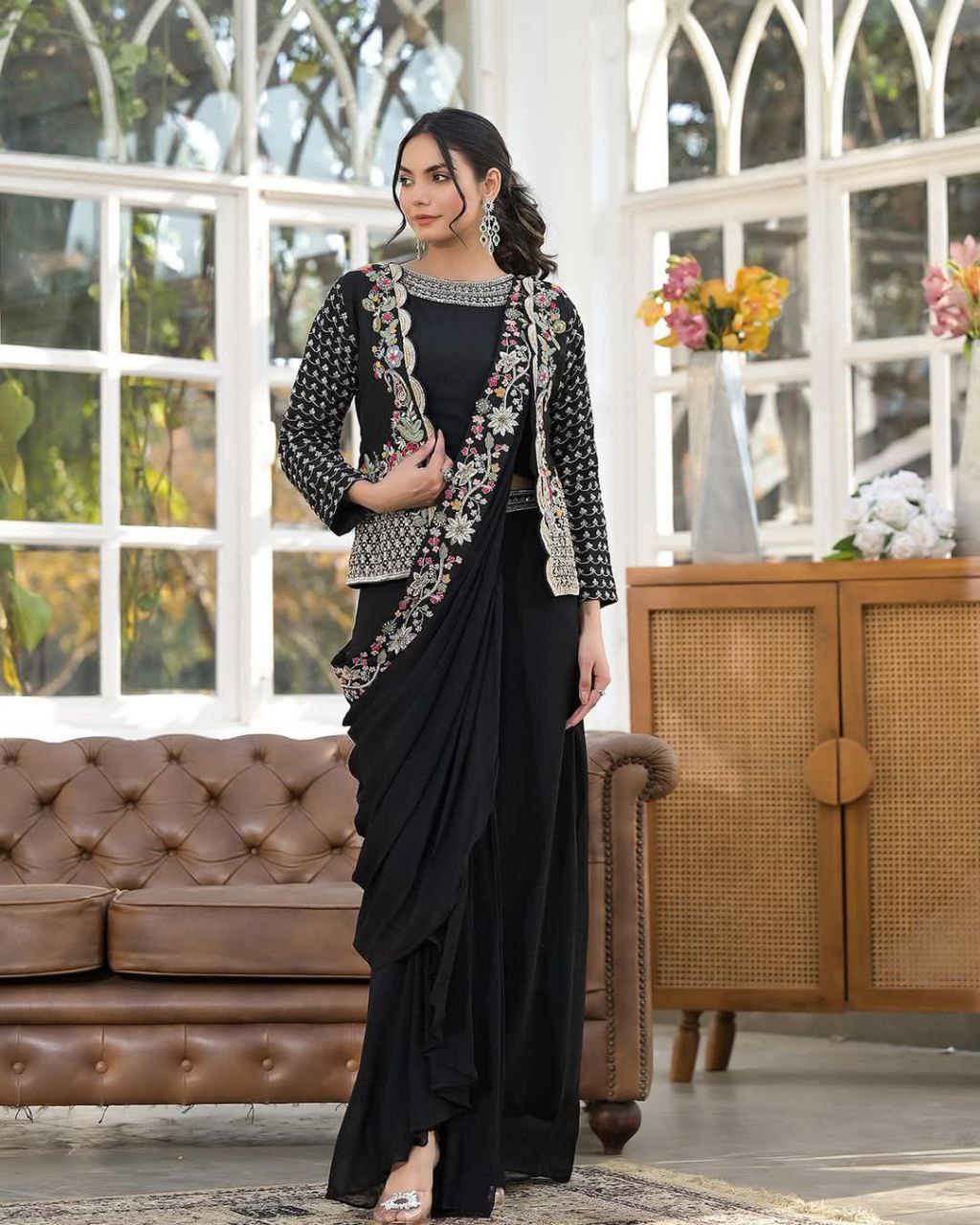 "Elegant Heavy Chinon Sarara Set with Embroidered Dupatta and Koti"