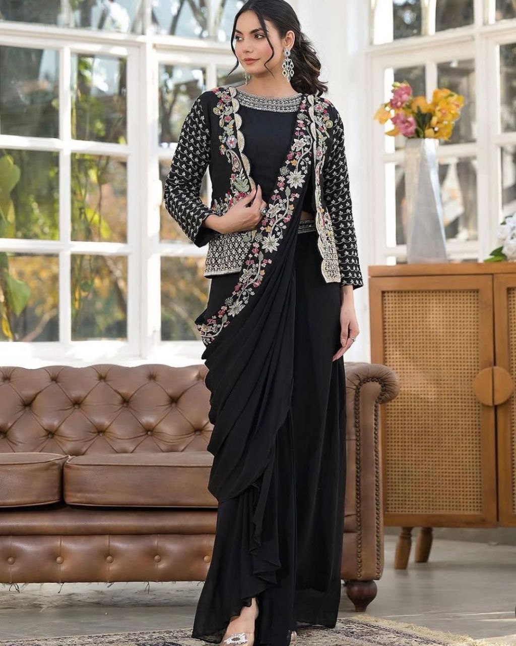 "Elegant Heavy Chinon Sarara Set with Embroidered Dupatta and Koti"