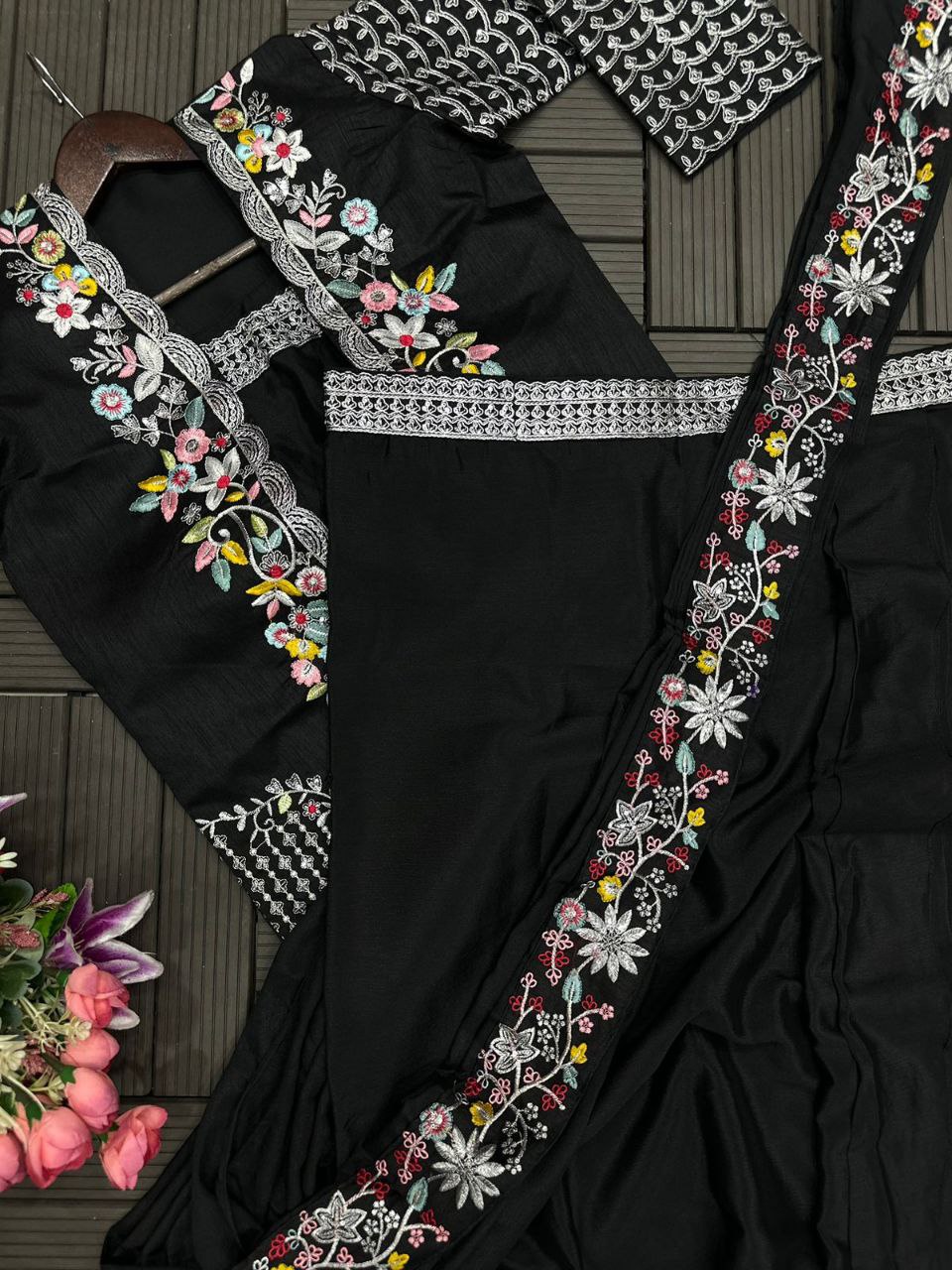 "Elegant Heavy Chinon Sarara Set with Embroidered Dupatta and Koti"