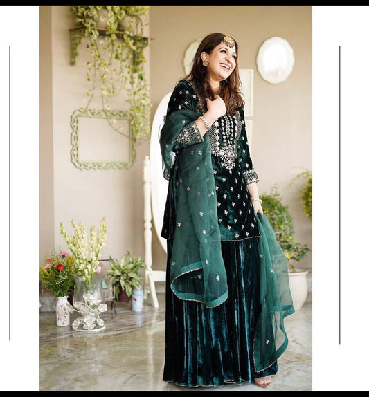 "Elegant 9Thoujent Viscos Velvet Sharara Set with Embroidery & Fancy Detailing"