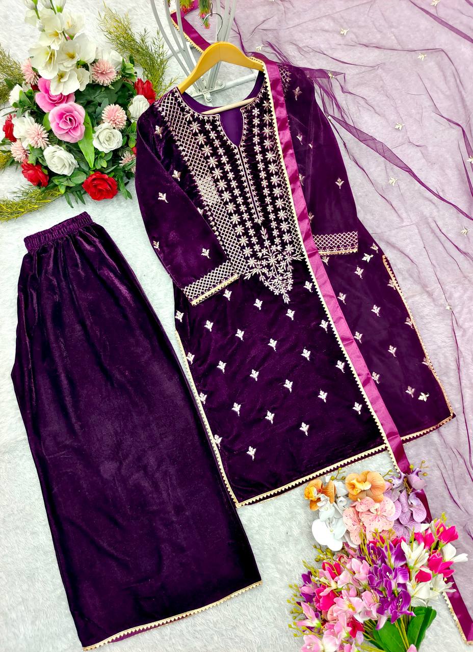 "Elegant 9Thoujent Viscos Velvet Sharara Set with Embroidery & Fancy Detailing"