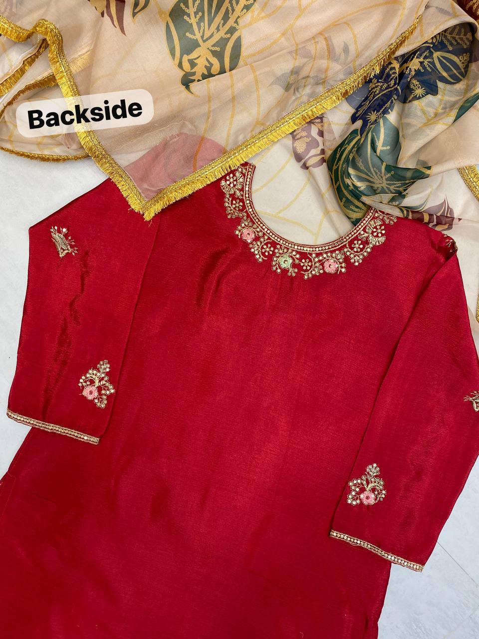 "Elegant Chinon Embroidered Sequence Suit Set with Lace-Trimmed Plazzo and Organza Dupatta"