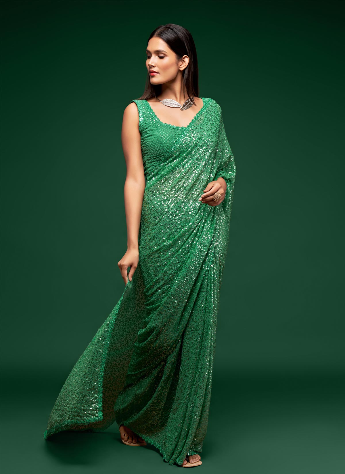 Sequins Work Trendy Saree For Wedding In Green