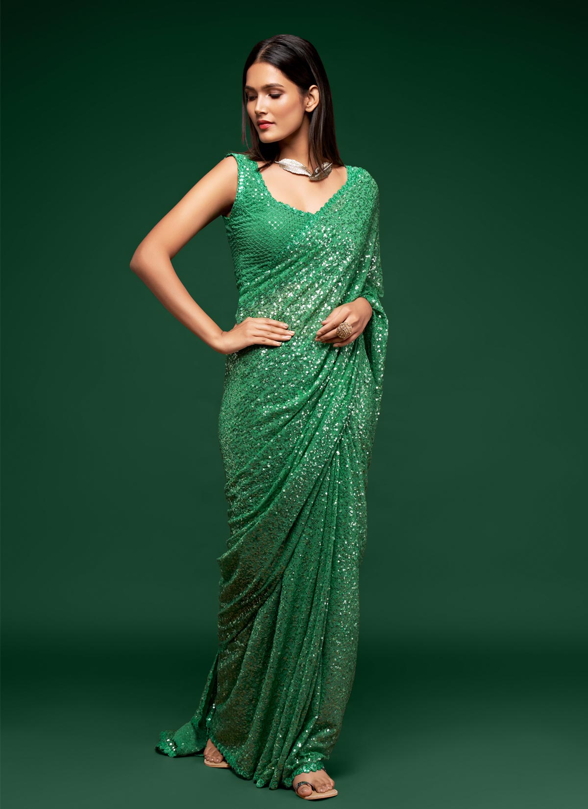 Sequins Work Trendy Saree For Wedding In Green