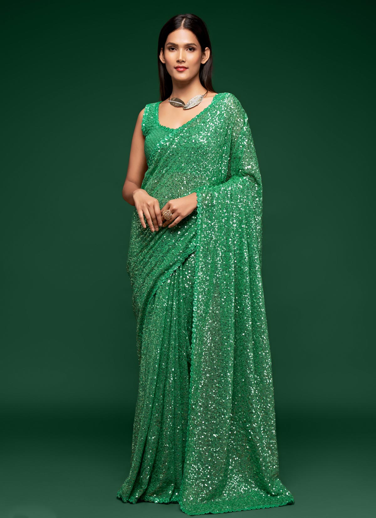 Sequins Work Trendy Saree For Wedding In Green