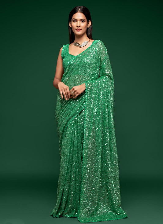 Sequins Work Trendy Saree For Wedding In Green