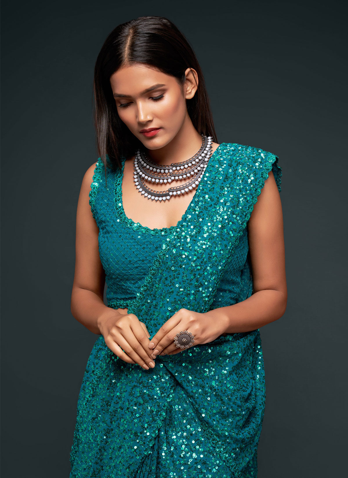 Georgette Trendy Saree With Sequins Work For Party In Teal