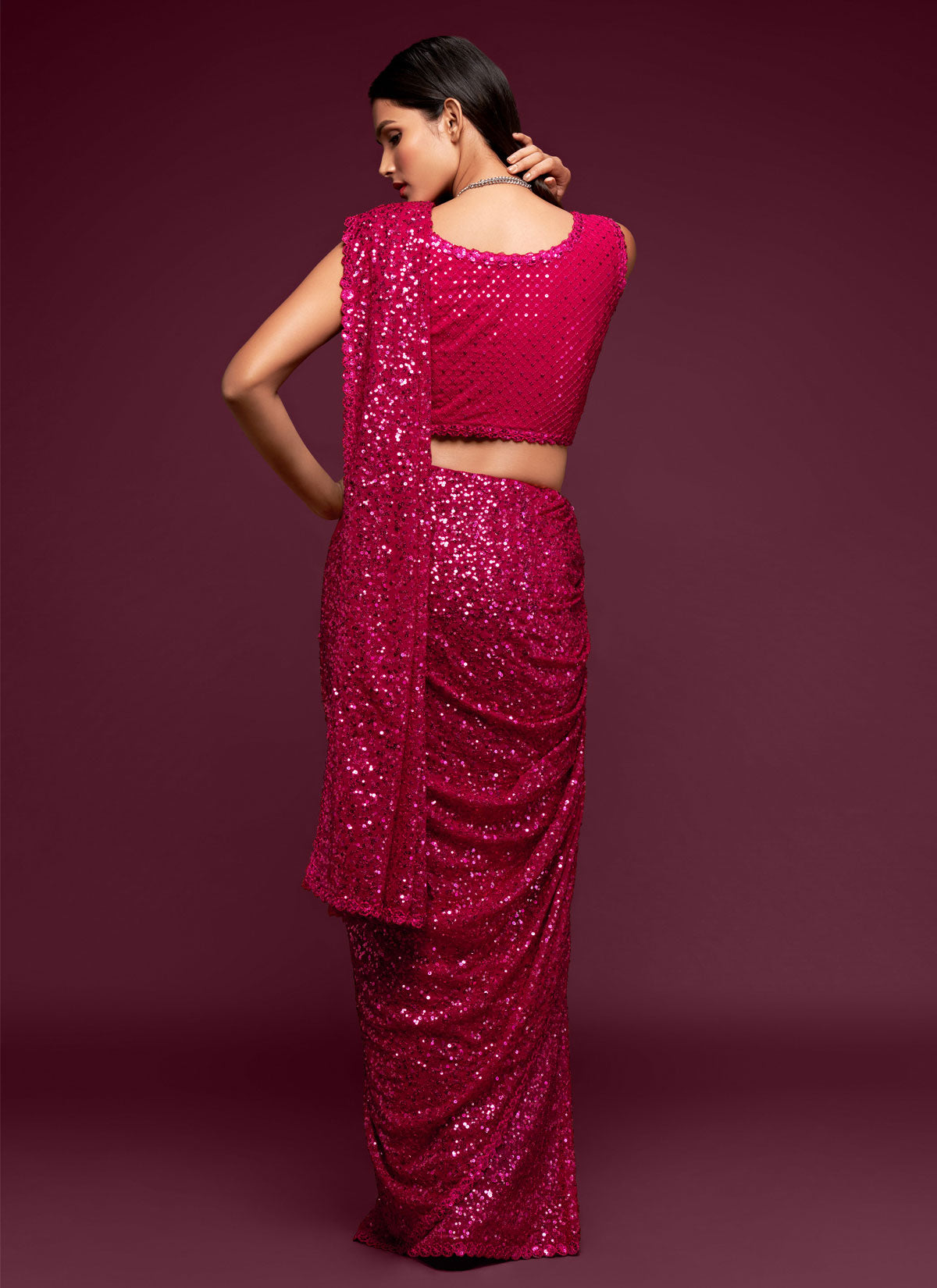 Georgette Traditional Saree In Rose Pink With Sequins Work For Women