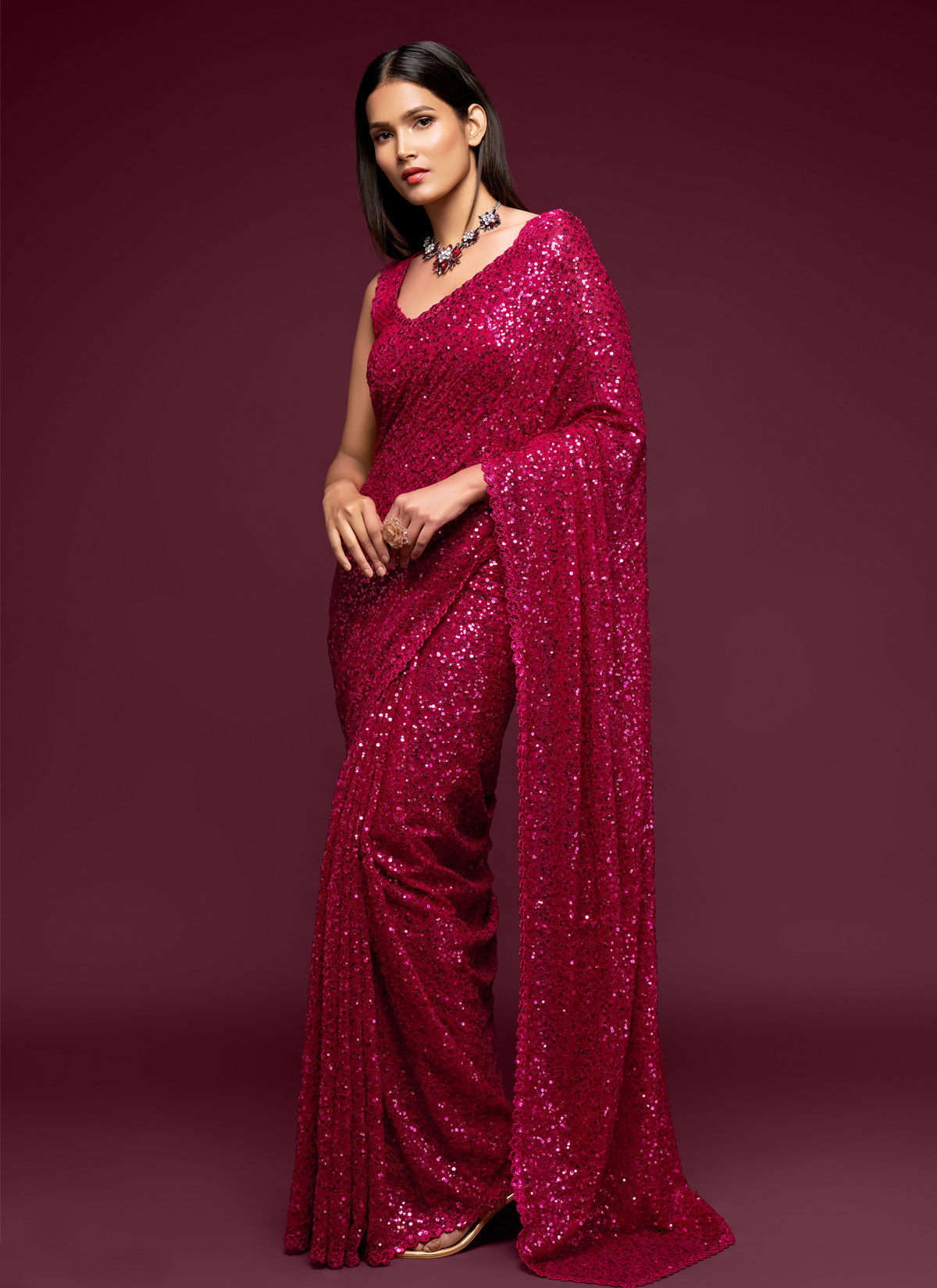 Georgette Traditional Saree In Rose Pink With Sequins Work For Women