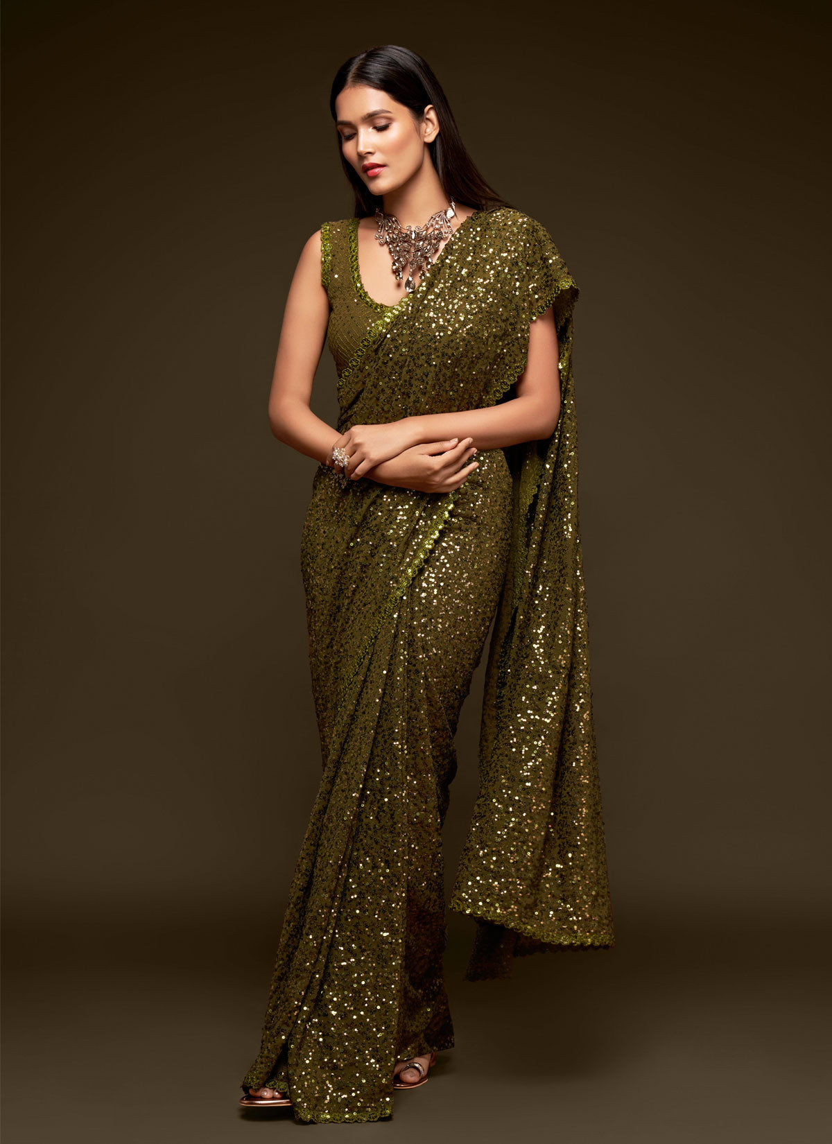 Georgette Classic Saree In Olive With Sequins Work For Festival