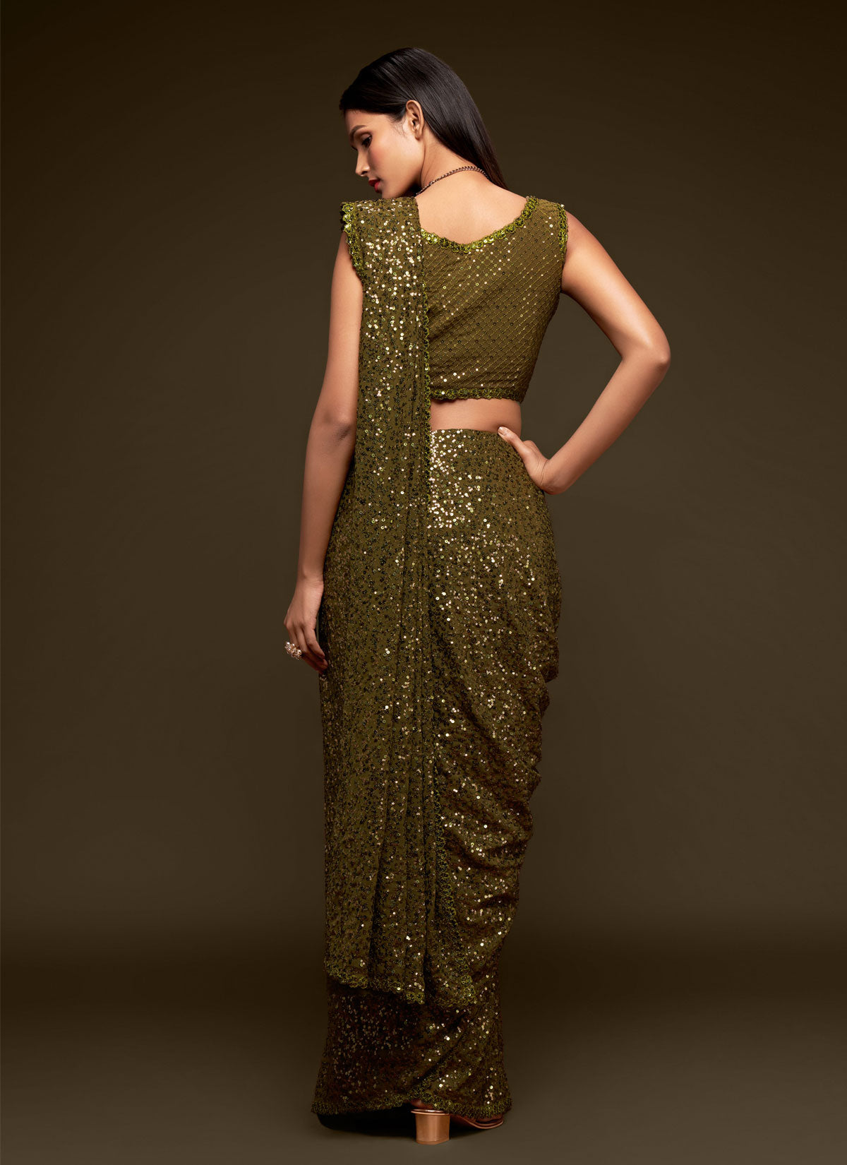 Georgette Classic Saree In Olive With Sequins Work For Festival